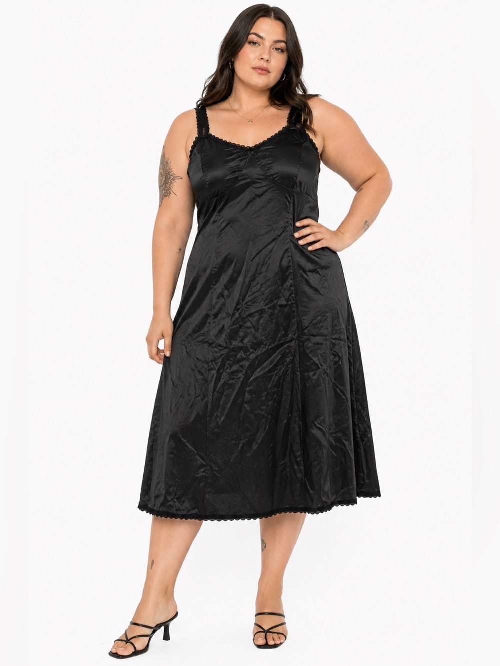 70s/80s Vintage Silky Lace Trim Midi Slip Dress (Black) Size 44-L/XL